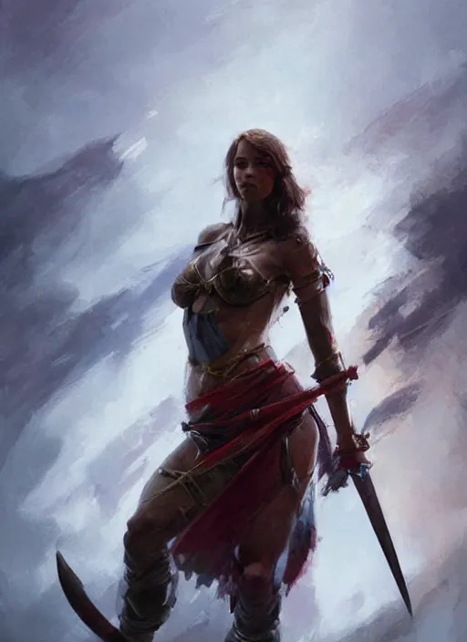 Image similar to hyper realistic warrior girl with sword in her hand, full body, rule of thirds, human proportion, good anatomy, beautiful face, conceptart, saturated colors, cinematic, vallejo, frazetta, greg rutkowski