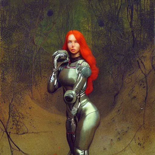 Image similar to beautiful woman with red hair in spacesuit, lost in the martianMartian forest at dusk, by Edgar Maxence and Ross Tran and Michael Whelan and Gustav Klimpt