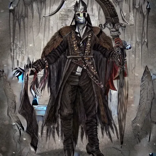 Prompt: a full body painting of johnny depp as a bloodborne character