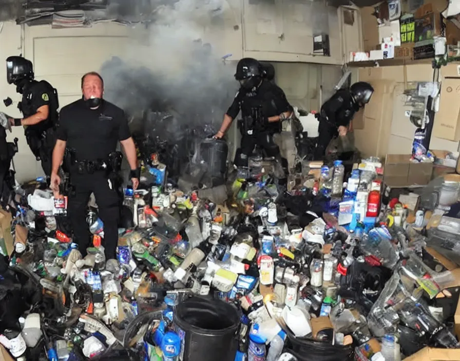 Prompt: Alex Jones in his garage office youtube studio fighting SWAT police, surrounded by boxes of herbal supplements and trash, a group of SWAT police, tear gas and smoke, detailed photograph high quality