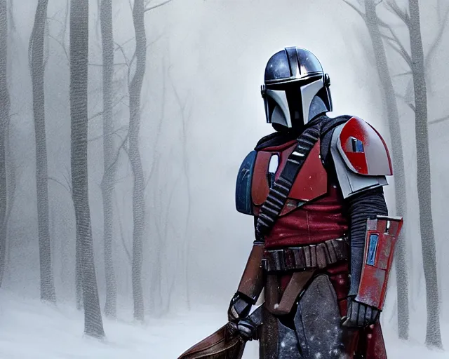 Image similar to a mandalorian with a red and grey helmet facing a long dark haired man, from side view close up, in a snowy forest setting, hard edges concept art, highly detailed, great cinematic lighting, 8 k, depth of field, 3 d, art by greg rutkowski, trending on artstation, cinematographic shot