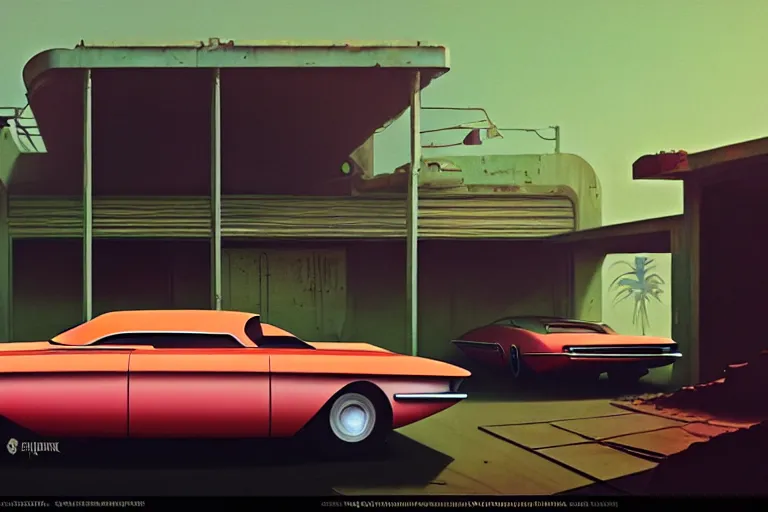 Prompt: a cinematic matte painting of a sleek 1 9 6 0 s vaporwave retro - futurism sci - fi car in a cluttered garage in mumbai. by eric lafforgue, glennray tutor and edward hopper, greg rutkowski. trending on artstation.