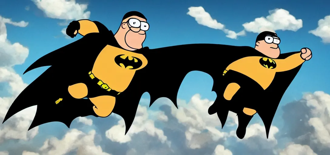 Image similar to peter griffin as batman, flying in sky