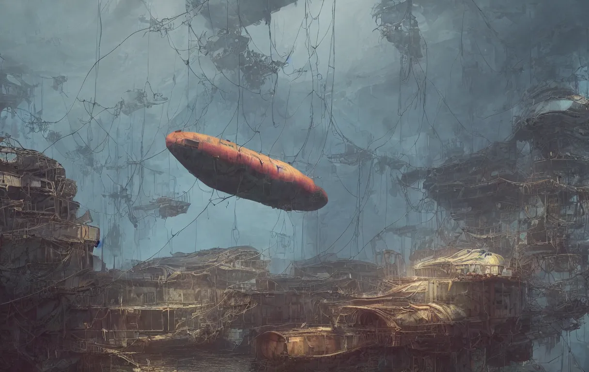 Prompt: bright colorful moody interior, huge floating dilapidated airship, vast decaying hangar, haze, gloom, god rays, the last of us, concept art, ian mcque, sergey vasnev, simon stalenhag, jake parker, hanging wires, torn roof, overgrown with vegetation, mist, water dripping