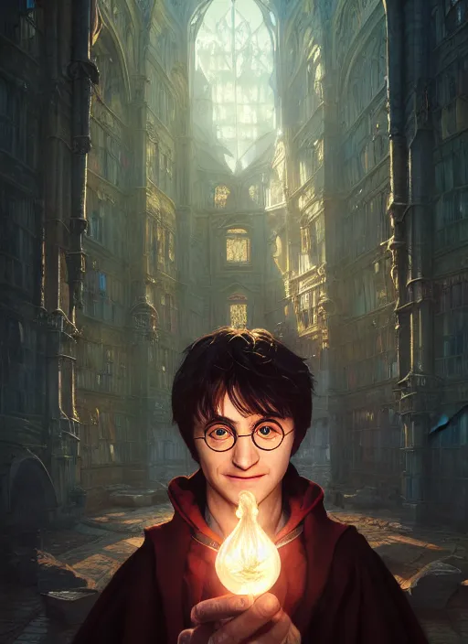 Image similar to highly detailed portrait of harry potter, stephen bliss, unreal engine, fantasy art by greg rutkowski, loish, rhads, ferdinand knab, makoto shinkai and lois van baarle, ilya kuvshinov, rossdraws, tom bagshaw, alphonse mucha, global illumination, radiant light, detailed and intricate environment