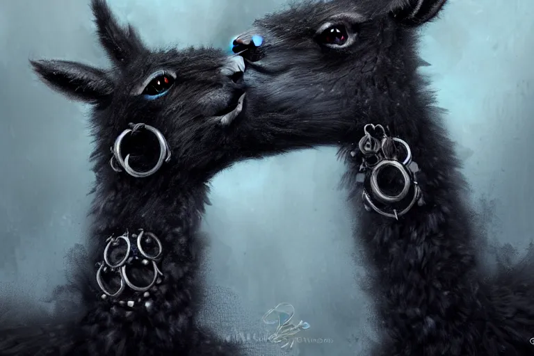 Image similar to highly detailed animal portrait of a goth alpaca with piercings, black eyeshadow, piercings!, earrings!, digital art made by makoto shinkai, lois van baarle, greg rutkowski and jakub rebelka, highly detailed, symmetrical, extremely coherent, smooth, shaped focus, dystopian gray forest background, skull