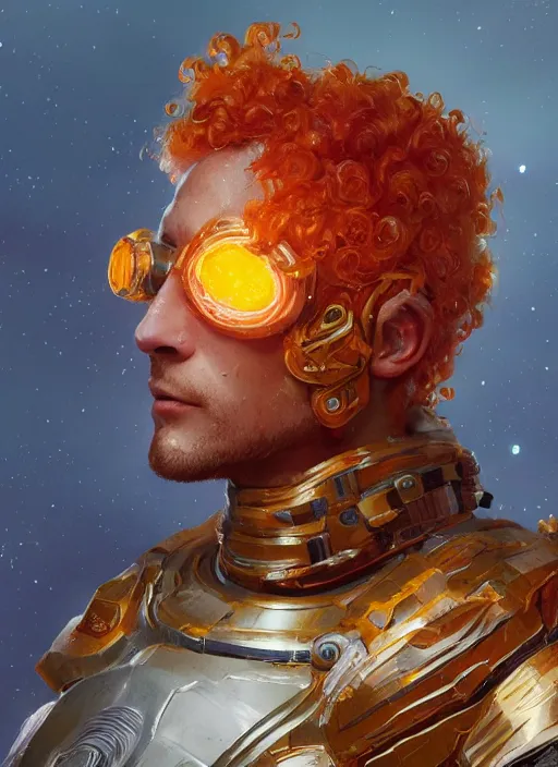 Prompt: a curly orange hair man wearing a cosmic armor on space, au naturel, hyper detailed, digital art, trending in artstation, cinematic lighting, studio quality, smooth render, unreal engine 5 rendered, octane rendered, art style by klimt and nixeu and ian sprigger and wlop and krenz cushart