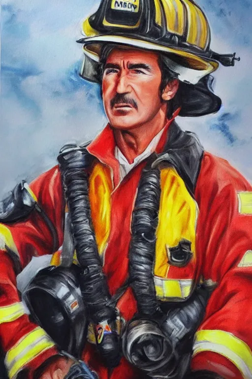 Image similar to photo realistic painting of randy mantooth as a fire fighter, vivid colours, highly detailed, dramatic lighting, exotropia eyes