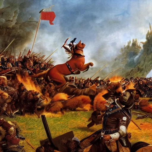 Image similar to napoleon bonaparte protecting a red panda at the battle field while under fire, an army in the background, ultra detailed, realistic,