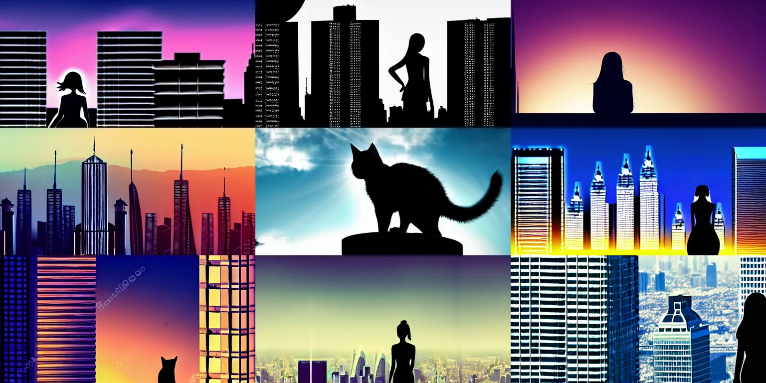 Prompt: 4 k epic ultra hd detailed award - winning wallpaper silhouette of lonely girl with her cat standing on roof looking at skyscrapers