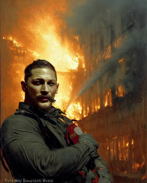 Prompt: tom hardy as a firefighter at a burning nyc building, smoke and flames, painting by gaston bussiere, craig mullins, j. c. leyendecker