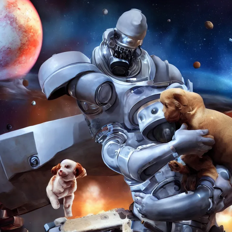 Image similar to t 8 0 0 terminator eating sandwich, hugging a cute puppy while surfing on a saxophone over rings of saturn in space, team fortress 2 sцcreenshot