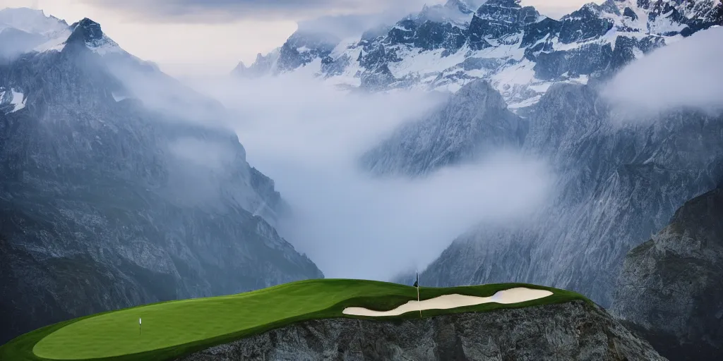 Image similar to a great photograph of the most amazing golf hole in the world, hangglider, perfect light, over a cliff, in the swiss alps, high above treeline, ambient light, 5 0 mm, golf digest, top 1 0 0, fog