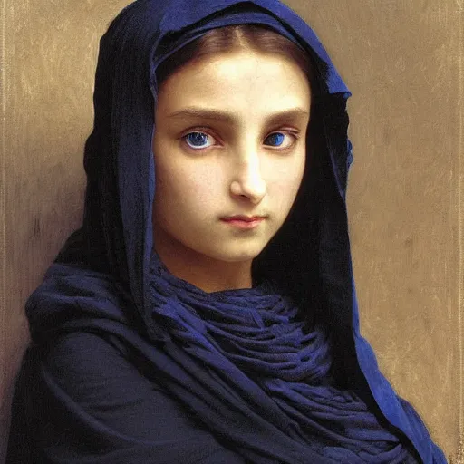 Image similar to A very detailed portrait of Alia Atreides, a girl with glowing blue eyes, wearing a black robe with a burnoose, by William-Adolphe Bouguereau