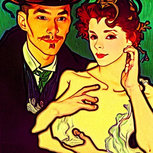 Image similar to painting of handsome young beautiful jeff and gorgeous rina together at the jack o'lantern halloween party, elegant, clear, painting, stylized, art, art by alphonse mucha, vincent van gogh, egon schiele,