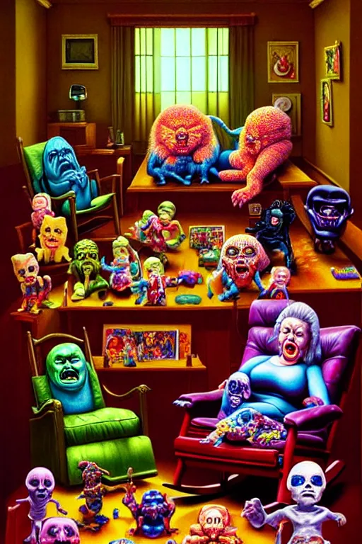 Prompt: a hyperrealistic painting of an ornate room full of evil possessed toys watching a grandma in a rocking chair, cinematic horror by chris cunningham, lisa frank, richard corben, highly detailed, vivid color,