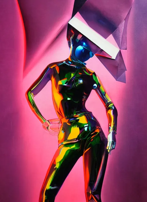 Image similar to futuristic lasers, data visualization, cyberpunk bodysuit, mask, laserpunk, visor, rain, wet, oiled, sweat, girl pinup, by steven meisel, james jean and rolf armstrong, geometric cubist perfect geometry abstract acrylic and hyperrealism photorealistic airbrush collage painting with retro and neon colors