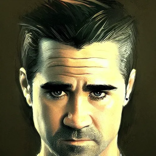 Image similar to “Portrait of Colin Farrell by Greg Rutkowski, young, attractive, highly detailed portrait, scifi, digital painting, artstation, concept art, smooth, sharp foccus ilustration, Artstation HQ”