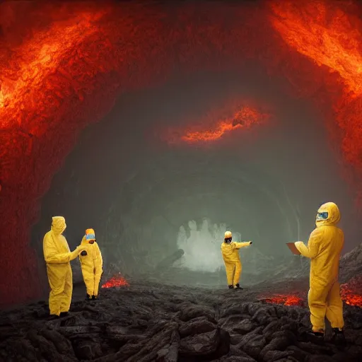 Image similar to wide - shot photo of a group of scientists in hazmat suits, studying a hell open rift portal, by shaun tan, codachrome, hellish, unsettling, otherworldly, smoke, machines, floating rocks, 8 k, hd, highly detailed,