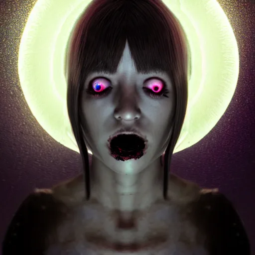 Prompt: a beautiful feminine alien with thick black sludge seeping from her eyes, screaming while being consumed by darkness, iridescent eyes, dreamlike, intricate detail, 3d render, octane render, trending on artstation, 4k, hd