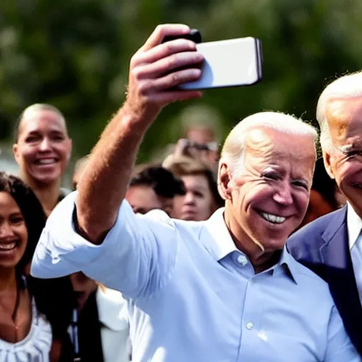 Prompt: joe biden taking a selfie whilest looking at the camera with a confused glance and a crowd of people behind him.