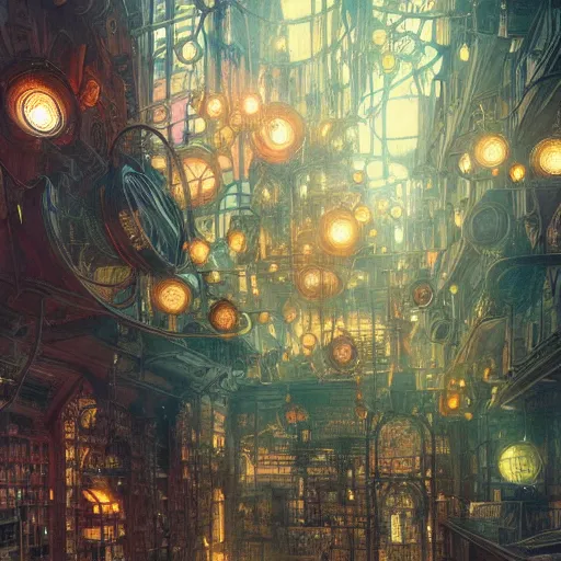 Prompt: underground windows, steampunk city, so many wires, magic library, carving on southern ice porcelain , overdetailed art, by greg rutkowski, by Alfons Mucha, complementing colors, magic, colorful lights, fireflies, detailed illustration