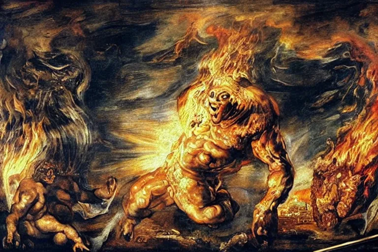 Image similar to majestic painting of a giant kebab monster terrorising a city in flames by Rubens, by Michelangelo, horror movie poster grain, ultra realistic, most definition, much appreciated