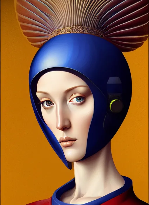 Prompt: portrait of female android, symmetry, intricate, elegant, highly detailed, smooth, sharp focus, concept art, digital painting, illustration, artstation, by fra angelico and sandro botticelli