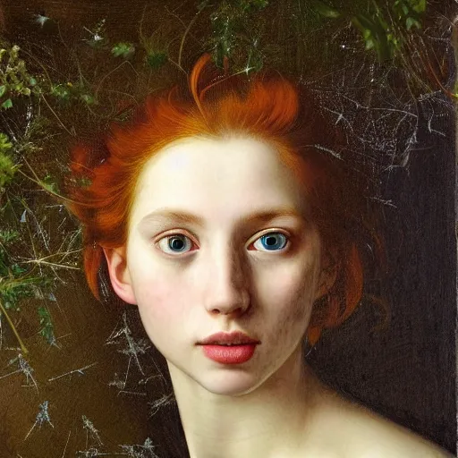 Image similar to a highly detailed, hyper realistic portrait with torso of a red haired young woman, white romantic dress with intricate details, among golden fireflies, long hair, green eyes, hint of freckles, round gentle face, cheeky smile, deep focus, elegant, smooth, sharp, golden ratio, digital painting, art by artemisia lomi gentileschi and caravaggio