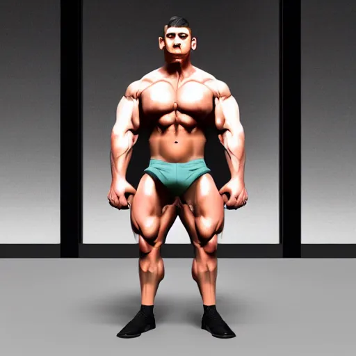 Image similar to Mr. Bean as an overly muscular, testosterone filled, crazy-eyed bodybuilder chad, fullbody, fashion photo, unreal engine