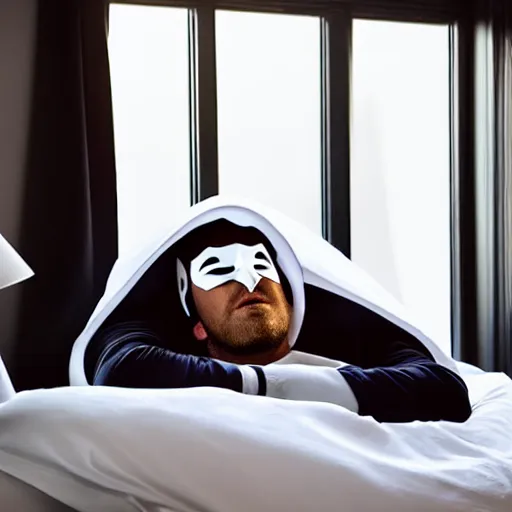 Prompt: man sleeping in bed with white tentacle mask with batman lurking menacingly in the window