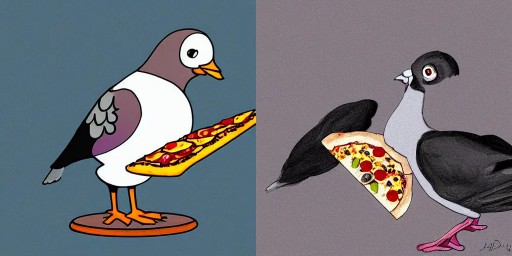 Prompt: a pigeon eating a pizza with its wings, digital art