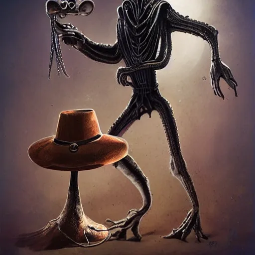 Image similar to h. r. giger alien as indiana jones with a whip and party hat in his head, illustration by irakli nadar