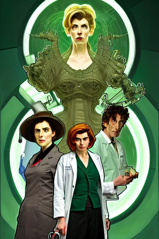 Image similar to doctor who, woman, as a mad dentist, on a plain green background, art by artgerm and greg rutkowski and alphonse mucha