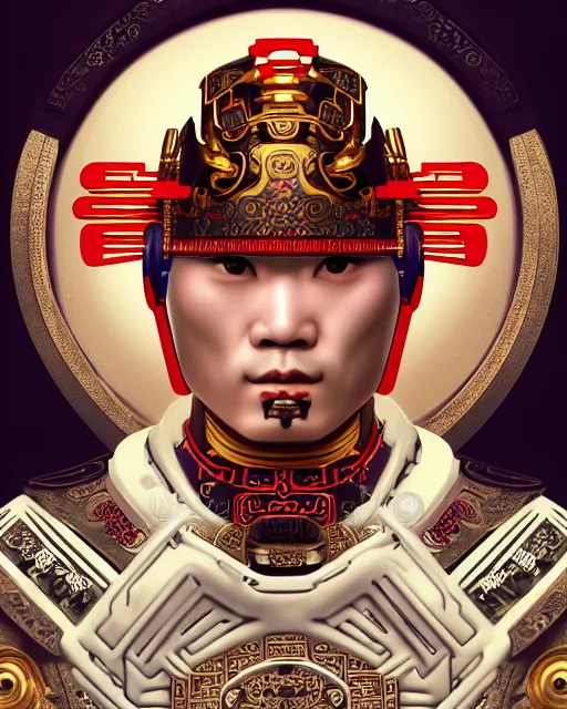 Image similar to portrait of a chinese masculine male cyberpunk machine, machine face, upper half portrait, decorated with chinese opera motifs, muscular, asian, fine china, wuxia, traditional chinese art intricate intense elegant 京 剧 highly detailed symmetry headpiece digital painting artstation concept art smooth sharp focus illustration, art by artgerm and greg rutkowski alphonse mucha 8 k