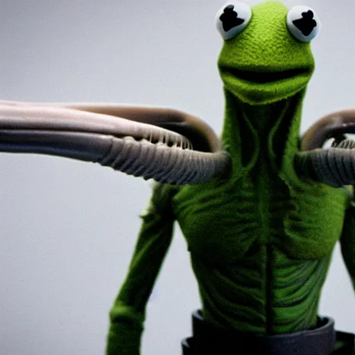 Image similar to Kermit the frog as a Xenomorph from Aliens (1986), highly detailed, high quality, HD, 4k, 8k, Canon 300mm, professional photographer, 40mp, lifelike, top-rated, award winning, realistic, sharp, no blur, edited, corrected, trending