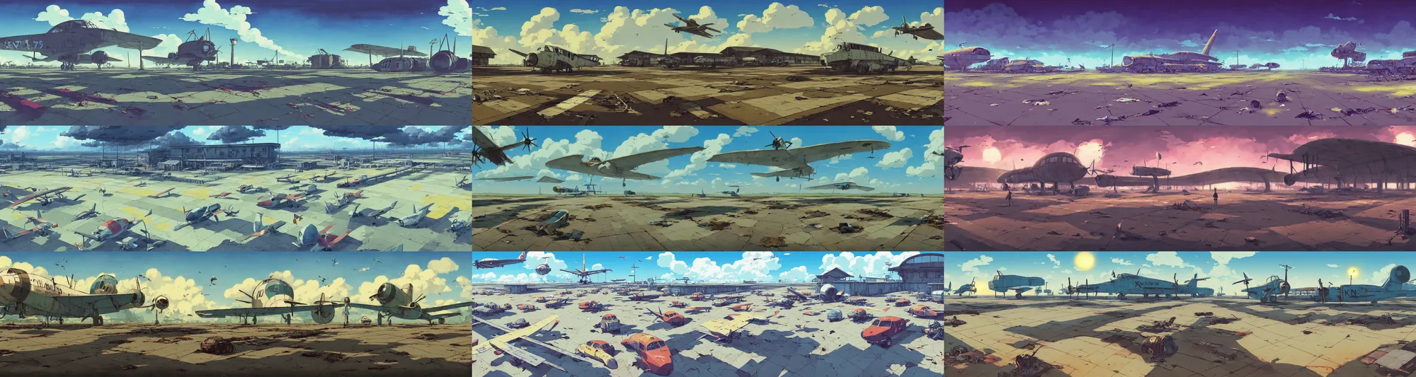 Prompt: a wholesome animation key shot of a cute empty postapocalyptic airport runway floor with damaged airplanes, studio ghibli, pixar and disney animation, sharp, rendered in gouache painting, anime gouache key art by greg rutkowski, bloom, dramatic, dynamic lighting