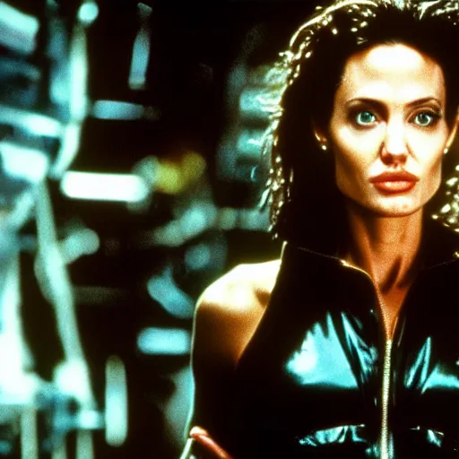 Prompt: film still of Angelina Jolie as Ripley from Aliens 1986