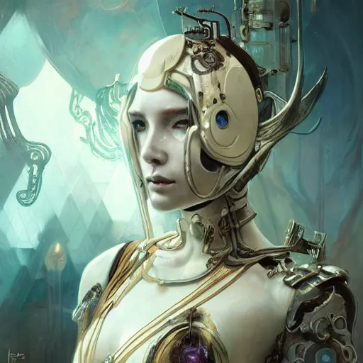Prompt: a cyborg empress with mask, art nouveau ivory accessories, cyberpunk, darksynth, luxury, concept art by jama jurabaev, extremely detailed, ominous, ethereal, artstation, andree wallin, edvige faini, balaskas, alphonse mucha, symmetry