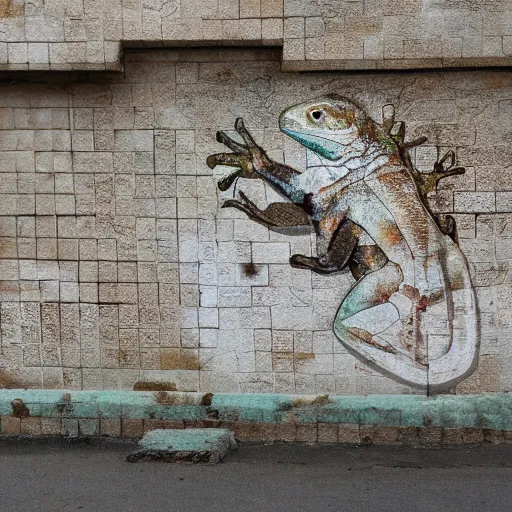 Prompt: a lizard, vhils, stone, wall