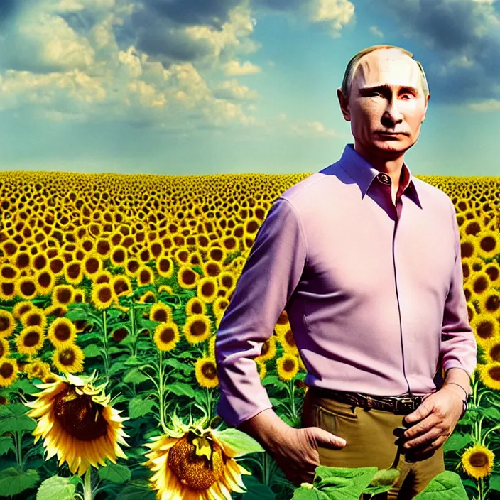 Image similar to photo portrait of Vladimir Putin in sunflower field, dressed in shirt with ornamental ethereal sunflower pattern, natural skin tone, explosion and fire in the background, elegant, Realistic, Refined, Highly Detailed, natural soft pastel lighting colors scheme, fine art photography by Cecil Beaton, volumetric lighting, hyper realistic photography