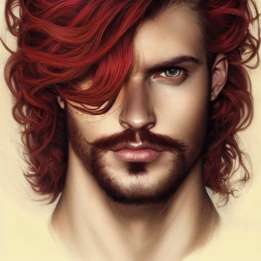 Image similar to portrait of a bull with a humanoid face, male, handsome, masculine, full body, red hair, long hair, soft hair, fantasy, intricate, elegant, highly detailed, suit, coffee shop, digital painting, artstation, concept art, character art, smooth, sharp focus, illustration, art by artgerm and greg rutkowski and alphonse mucha