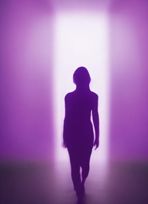 Image similar to a symmetrical female silhouette walking, astral projection, purple glowing aura, out of body experience, film grain, cinematic lighting, experimental film