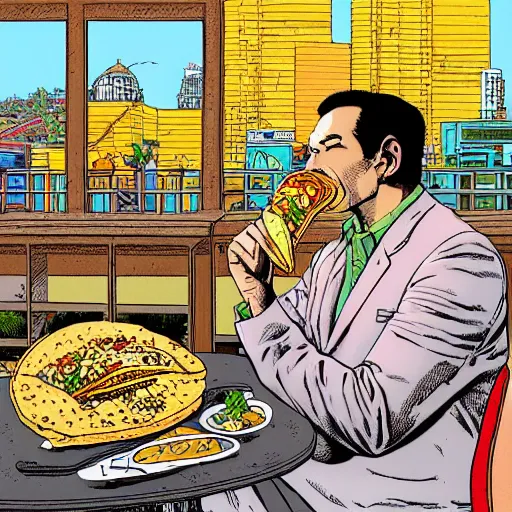 Image similar to a man eating a taco by geof darrow, detailed, realistic shading