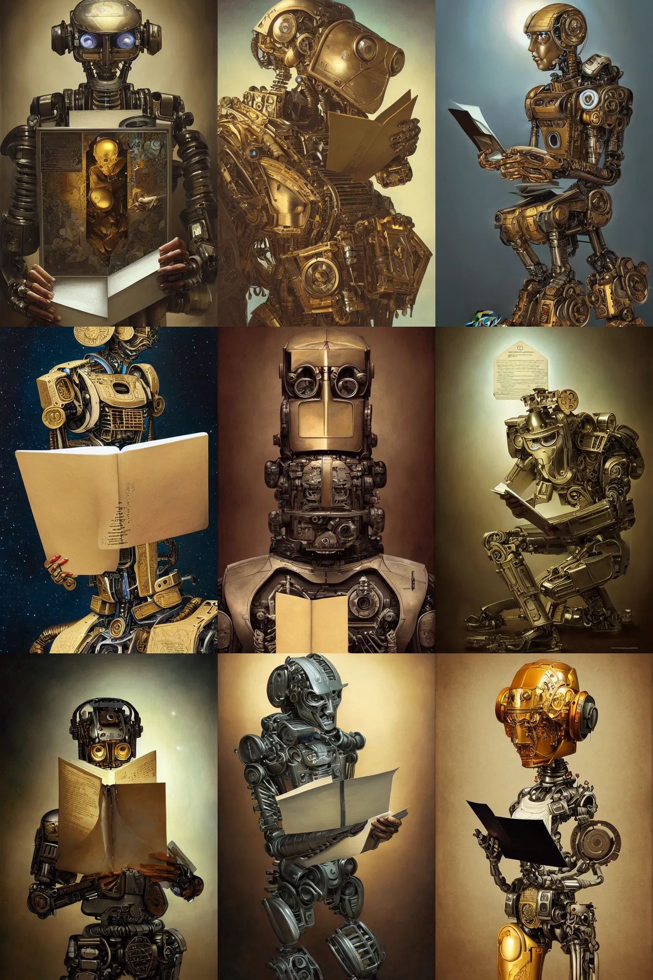 Prompt: a beautiful intricate fine art portrait photo of a transformer robot reading a letter, by tom bagshaw and james christensen, perfection!, studio lighting, golden ratio composition, 3 5 mm lens, deep depth of field, artstation, 8 k