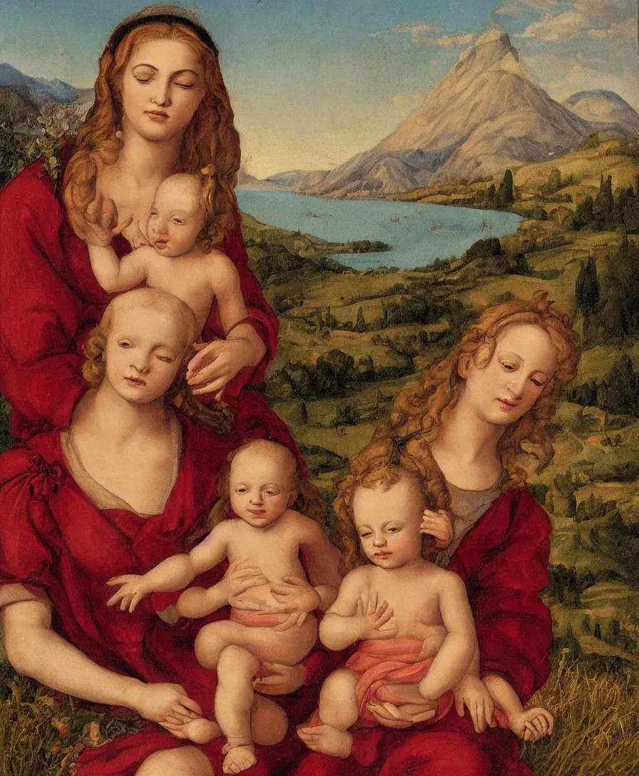 Prompt: Detailed Portrait of Madonna with infant Jesus in the style of Raffael. Curly red hair. They are sitting in a dried out meadow near Florence, red poppy in the field. Playing with a cross On the horizon, there is a lake with a town and mountains. Flat perspective.