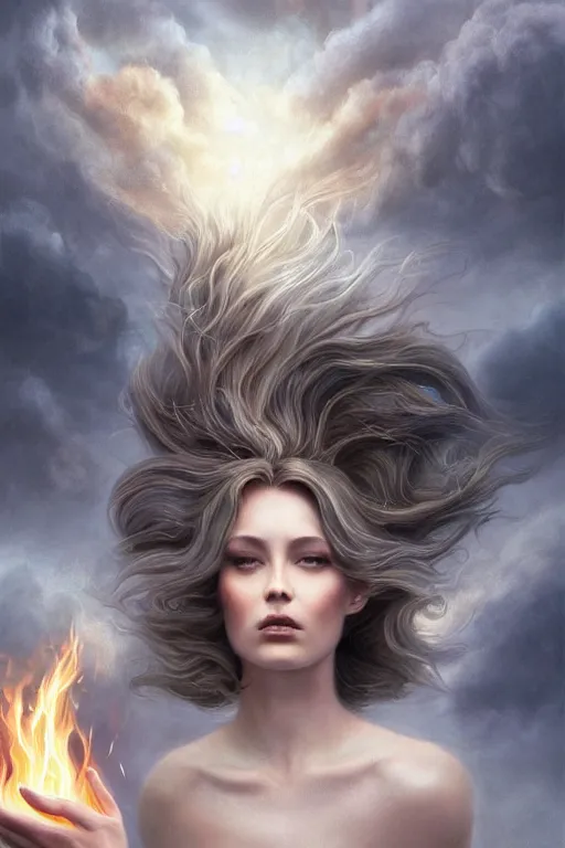 Image similar to a celestial goddess casts a fire magical spell, windy floating hair!!, moody muted tones, surrealistic, seductive beauty! cinematic volumetric lights, full portrait, dnd, fantasy, intricate, elegant, highly detailed, digital painting, artstation, concept art, smooth, sharp focus, illustration, art by artgerm and tom bagshaw and greg rutkowski and alphonse mucha