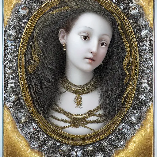 Prompt: a beautiful girl made of ivory and gold, highly intricate, digital art, very detailed, in the style of a weird and dark art noveau flemish painting, by gustave doré