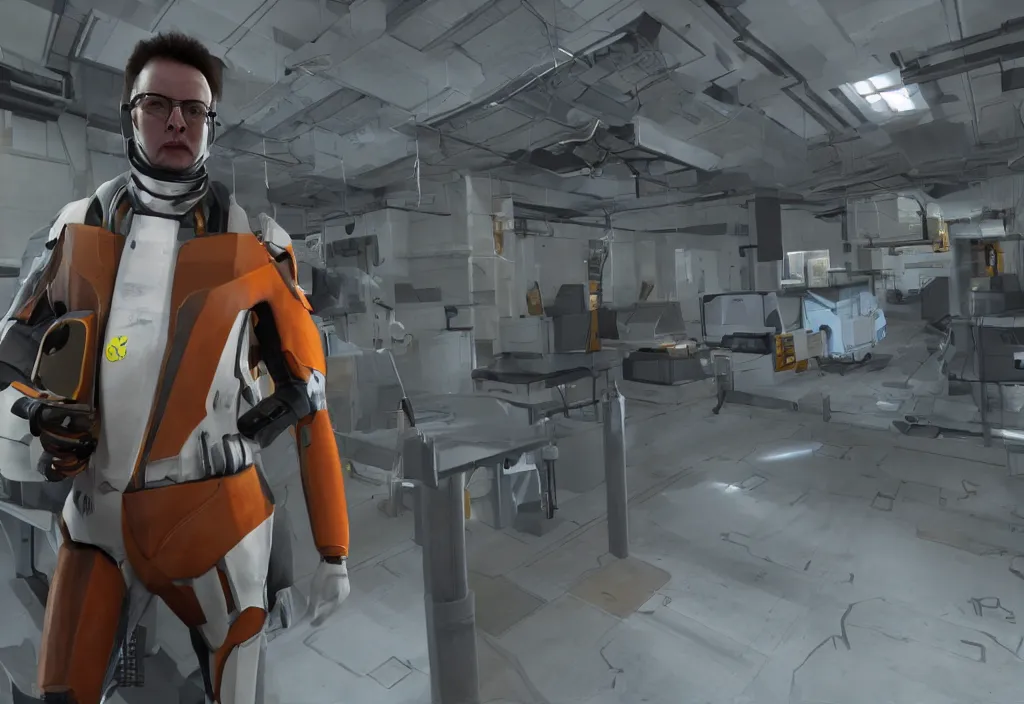 Image similar to elon musk in half life, elon musk in the video game half life, gameplay screenshot, close up, 3 d rendering. unreal engine. amazing likeness. very detailed.