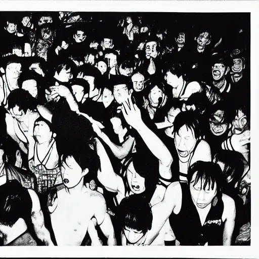 Image similar to A mosh pit, frantic, chaotic, b&w, are bure boke, by Daido Moriyama